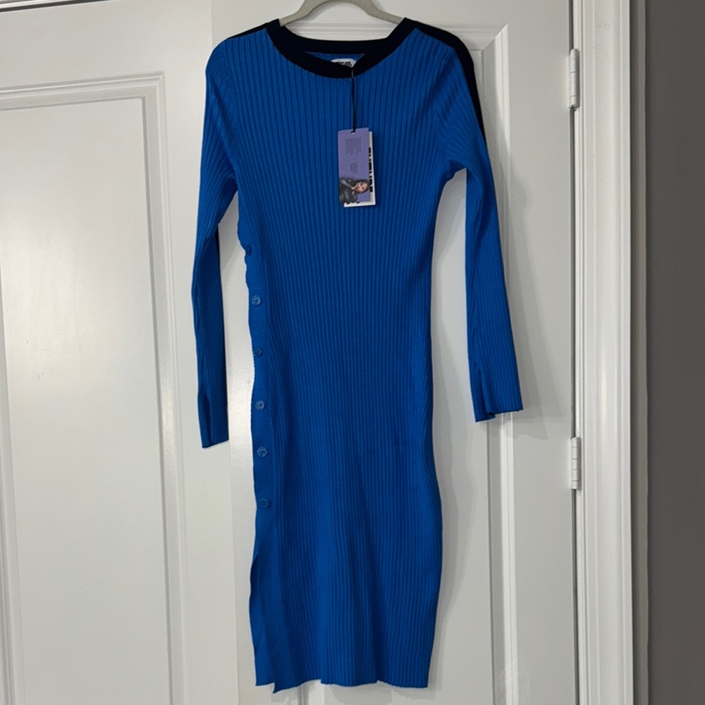 Future CollectiveBlue Ribbed Knit Dress with Black Trim